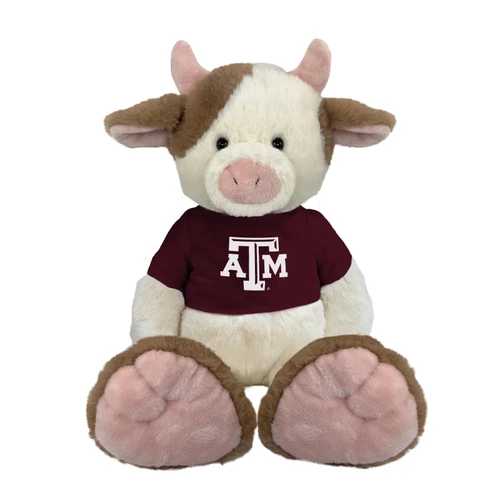 10-inch Texas A&M cow plush with cream and brown fur, pink horns and nose, and a maroon T-shirt featuring a large white A&M logo on the front.