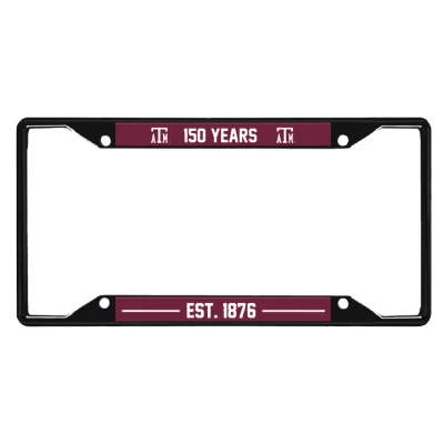 Black Texas A&M license plate frame featuring maroon panels, white A&M logos and 150 Years lettering across the top, plus Est. 1876 lettering along the bottom.