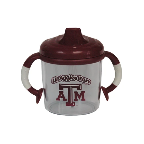 Texas A&M infant no-spill mug with a clear cup, maroon lid, two maroon and white handles, and a maroon A&M logo beneath “Lil Aggies Fan” lettering.