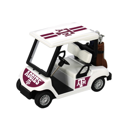 White Texas A&M toy golf cart featuring maroon A&M and Aggies graphics, white bench seats, black frame, silver-look wheels, steering wheel, and a golf bag with clubs on the back.