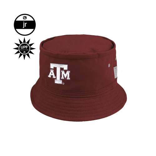 Maroon youth Texas A&M bucket hat featuring an embroidered white and maroon A&M logo on the front, stitched wide brim, side ventilation eyelets, and UPF sun protection.