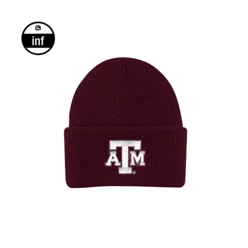 Maroon infant Texas A&M knit beanie featuring a folded cuff and embroidered white and maroon A&M logo centered on the front for a classic Aggie look.