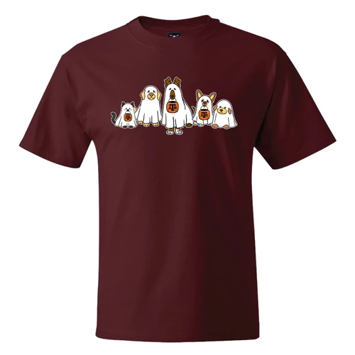 Maroon Texas A&M short sleeve T-shirt featuring Reveille and animal friends dressed in white ghost costumes and carrying orange A&M trick-or-treat buckets for a playful Halloween design.