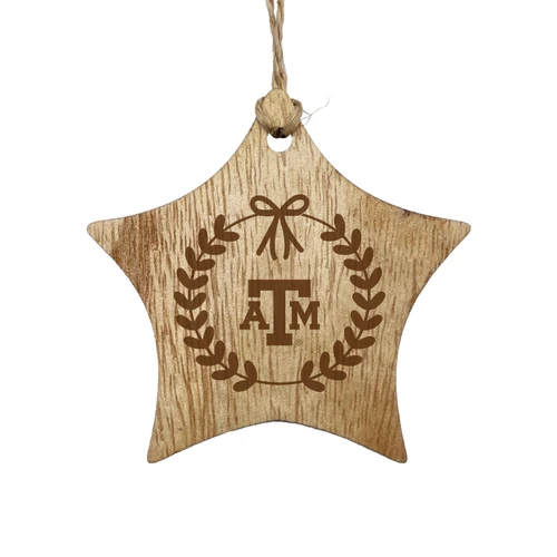 Natural wood-look Texas A&M star ornament featuring an A&M logo surrounded by a leafy wreath and bow design, finished with a rustic twine loop for hanging.