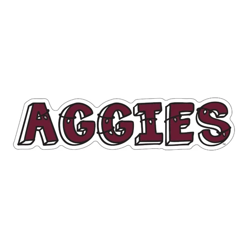 Texas A&M Christmas ornament featuring bold maroon “AGGIES” lettering outlined in black and white with a strand of festive Christmas lights wrapped across the letters.