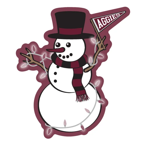 Texas A&M snowman ornament featuring a black top hat, maroon striped scarf, Aggies pennant, branch arms, and a strand of festive holiday lights with maroon accents.