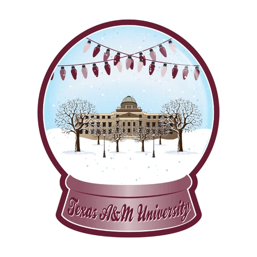 Texas A&M snow globe ornament featuring the Academic Building in a snowy campus scene with maroon and white Christmas lights and a maroon base reading Texas A&M University.