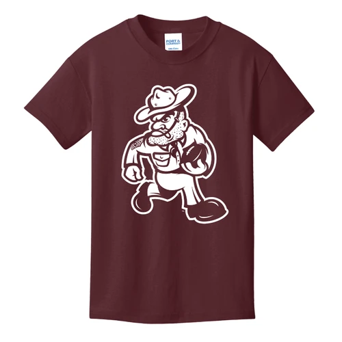 Maroon youth Texas A&M short sleeve T-shirt featuring a large white Ol’ Sarge graphic on the front, shown walking with a football tucked under his arm.