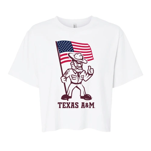 White Texas A&M boxy short sleeve tee featuring the new Ol’ Sarge American Flag logo with Ol’ Sarge holding an American flag above bold maroon Texas A&M lettering.