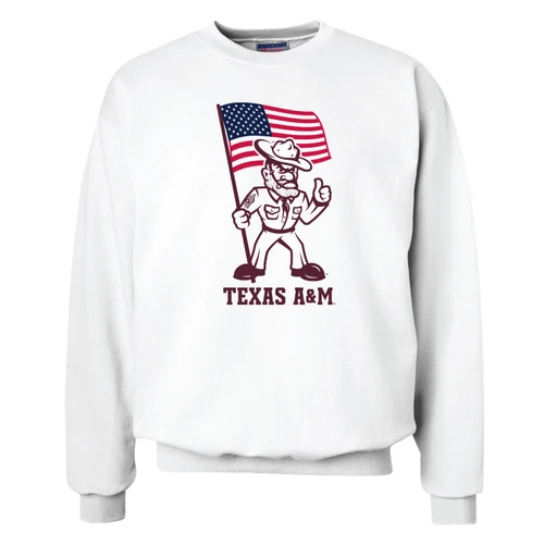 White Texas A&M crewneck sweatshirt featuring the new Ol’ Sarge American Flag logo with Ol’ Sarge holding an American flag above bold maroon Texas A&M lettering.