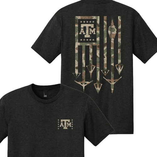 Charcoal Texas A&M short sleeve tee featuring a small A&M chest graphic and a distressed camouflage flag-inspired back design with stars, A&M logo, and bow hunting arrows.