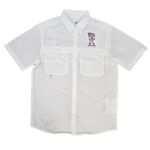 White Texas A&M short sleeve fishing shirt featuring the new Ol’ Sarge American Flag logo on the left chest, a button-down front, collared neckline, and two chest pockets.