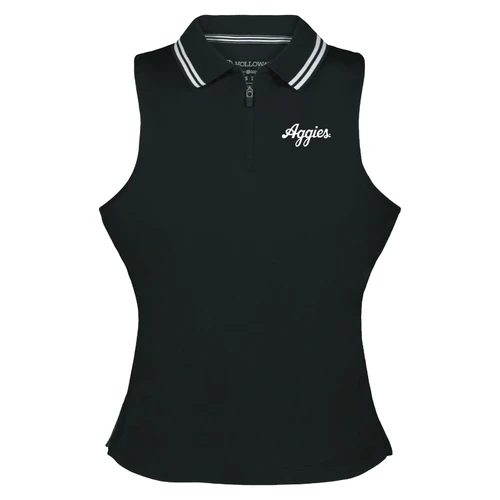 Black Texas A&M ladies sleeveless polo featuring a quarter-zip neckline, striped black and white collar, fitted silhouette, and white “Aggies” script on the left chest.