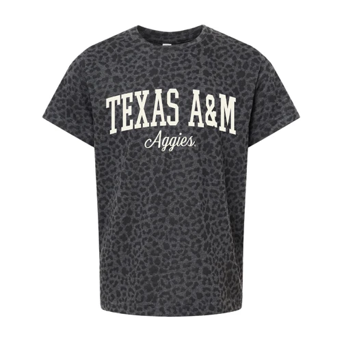 Charcoal gray Texas A&M youth short-sleeve t-shirt with an allover tonal leopard print, cream Texas A&M collegiate lettering, and coordinating Aggies script across the front.