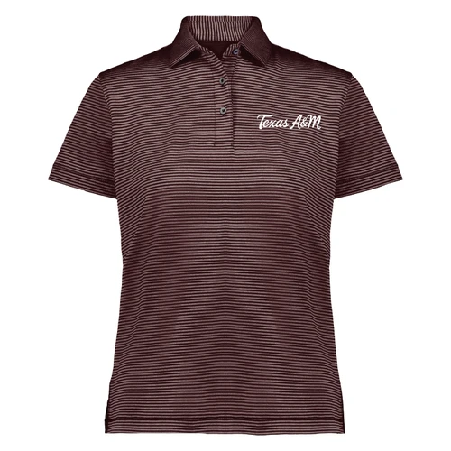 Texas A&M ladies short sleeve polo featuring fine maroon horizontal stripes, a collared neckline, three-button placket, and white Texas A&M script embroidered on the left chest.