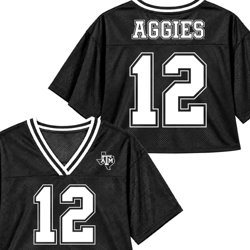Black Texas A&M cropped replica football jersey with mesh fabric, striped V-neckline, A&M chest logo, white number 12 on the front, and “Aggies” with number 12 across the back.