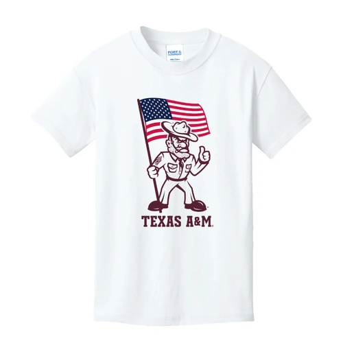 White youth Texas A&M short sleeve T-shirt featuring Ol’ Sarge holding a red, white, and blue American flag with maroon Texas A&M lettering underneath.