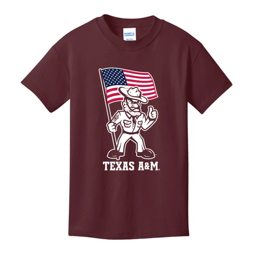 Maroon youth Texas A&M short sleeve T-shirt featuring Ol’ Sarge holding a red, white, and blue American flag with white Texas A&M lettering underneath.