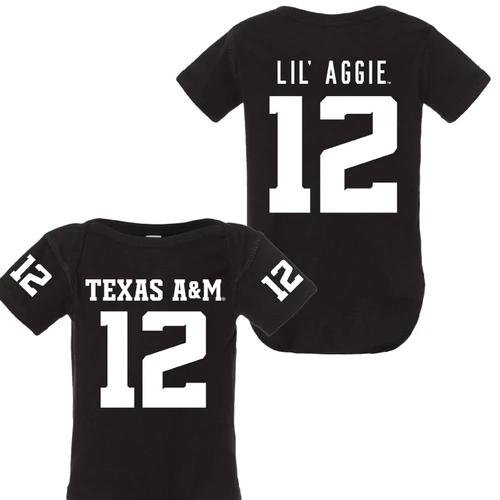 Black Texas A&M infant short sleeve onesie featuring white Texas A&M lettering and number 12 on the front, matching sleeve numbers, and Lil' Aggie lettering above a large 12 on the back.