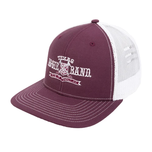 Maroon and white Texas A&M Aggie Band trucker cap featuring embroidered “Texas Aggie Band” and “Pulse of Aggieland” graphics, white mesh back, contrast stitching, curved bill, and adjustable snapback closure.