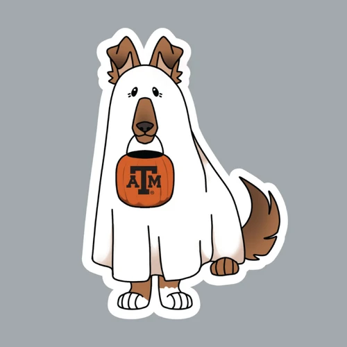 Texas A&M Ghost Reveille sticker featuring Reveille dressed in a white ghost costume and holding an orange pumpkin bucket with the Texas A&M logo for a playful Halloween design.