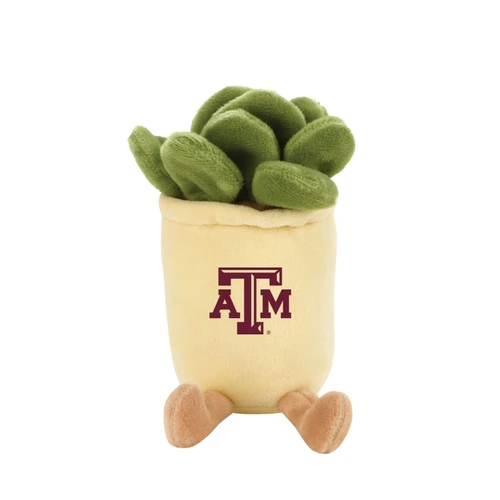 Texas A&M plush succulent featuring soft green leaves, a light yellow pot with a maroon Texas A&M logo, and two small tan feet at the bottom.