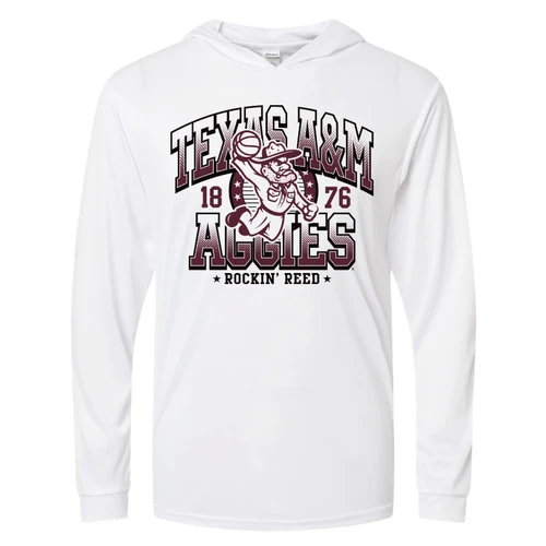 White Texas A&M long sleeve hooded shirt featuring Ol' Sarge holding a basketball, maroon and black Texas A&M Aggies lettering, 1876 details, and Rockin' Reed text across the front.