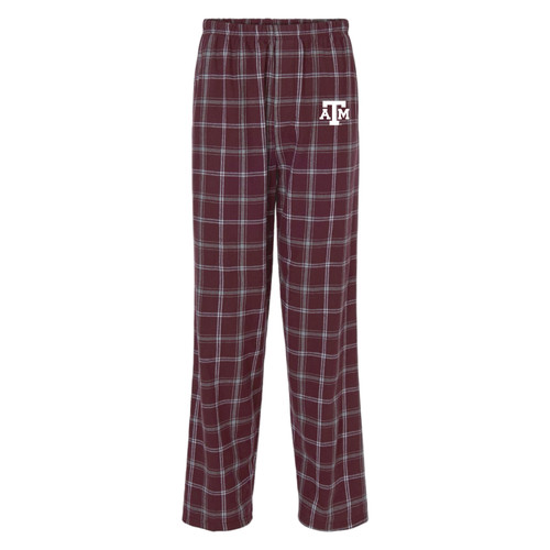 Texas A&M pajama pants featuring a maroon, gray, and white plaid pattern, elastic waistband, relaxed straight-leg fit, and a white A&M logo on the upper left leg.