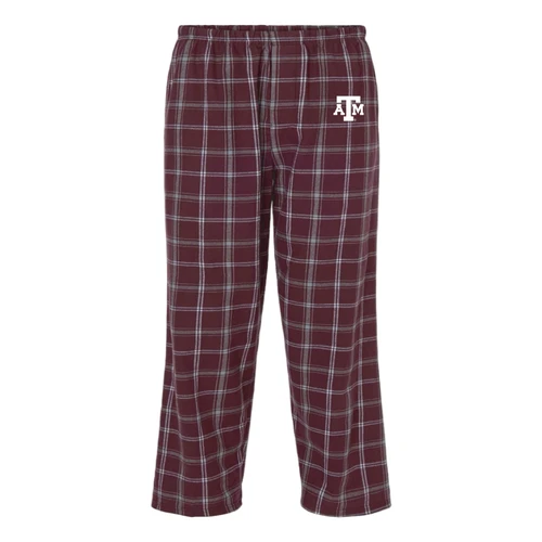 Texas A&M youth pajama pants featuring a maroon, gray, and white plaid pattern, elastic waistband, straight-leg fit, and white A&M logo on the upper left leg.