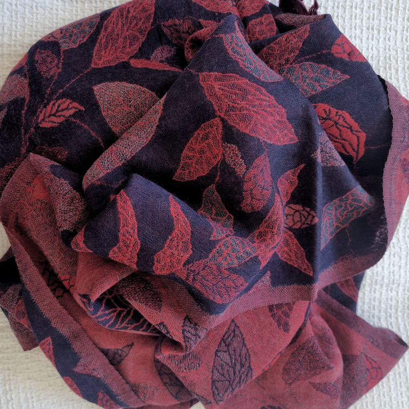 Healing Shawl- merino wool - reversible ruby and blue leaves