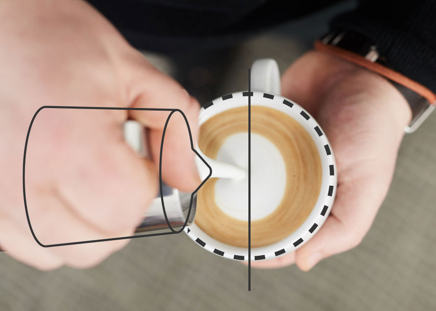 Pouring a dot with spout placement above the center of the cup