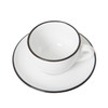 Overhead view of black painted rim cappuccino cup and saucer