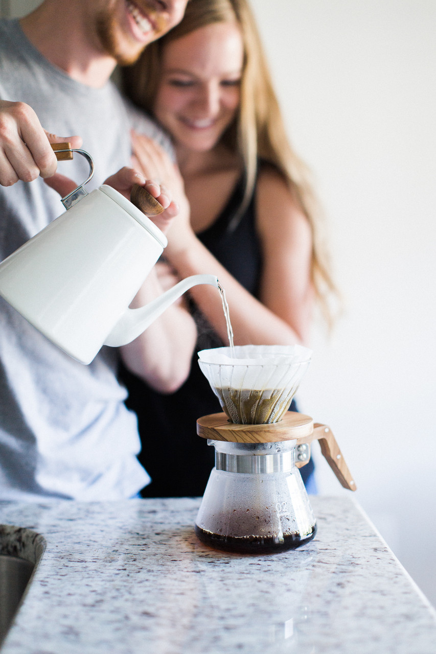 White Enamel Pourover Kettle with Wood Handle