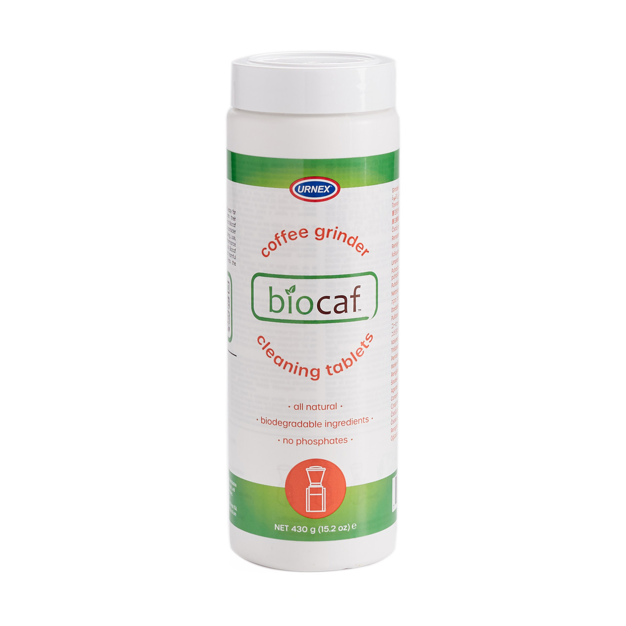 a bottle of Urnex Biocaf grinder cleaner against a white background