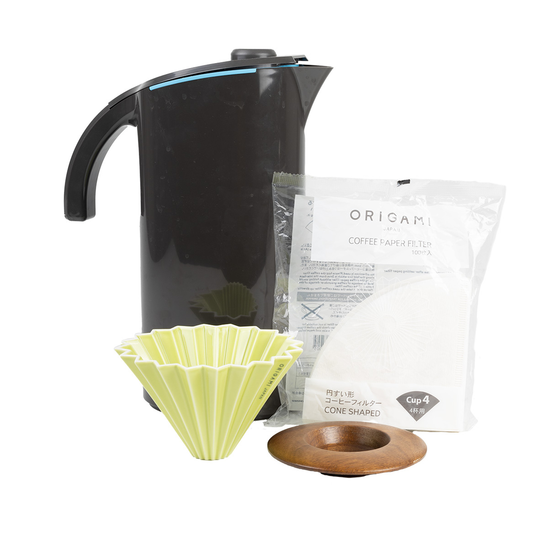 Lime origami brewer, peak water pitcher, origami brewer paper filters, origami wooden holder