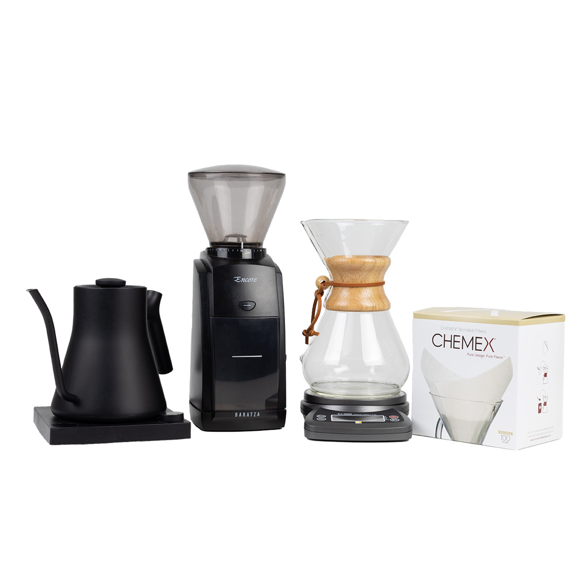 8 cup Chemex Brewer, Baratza Encore Coffee Grinder, Fellow Stagg EKG, Chemex Coffee Filters, Jennings CJ4000 Scale