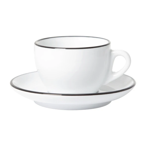 White cappuccino cup and saucer with black painted rim