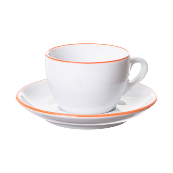 white cappuccino cup and saucer with orange painted rim