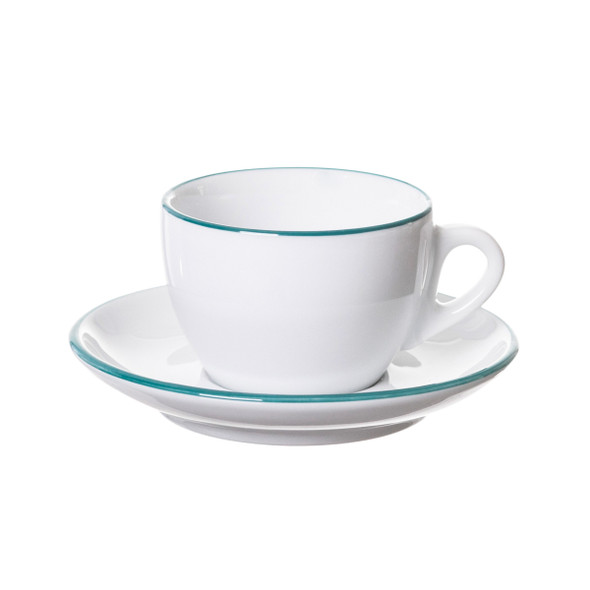 white cappuccino cup and saucer with teal painted rim