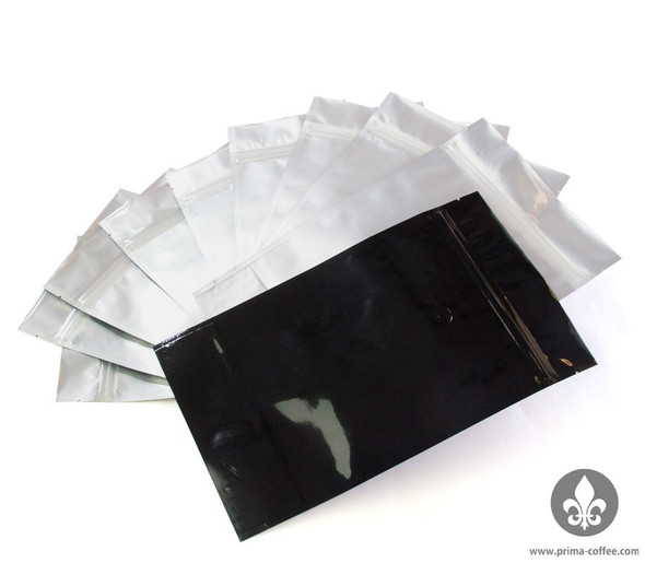 Coffee Valve Bags in black plastic with clear backs, available in packs of 10.