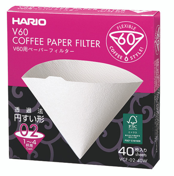 Hario Coffee White Paper Filter Size 02 for V60 Brewer, 40 Count (tabbed)