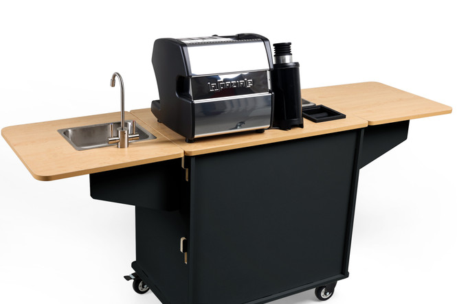 Klassy Kart Turn-Key Coffee Cart in Black (front, left angle)