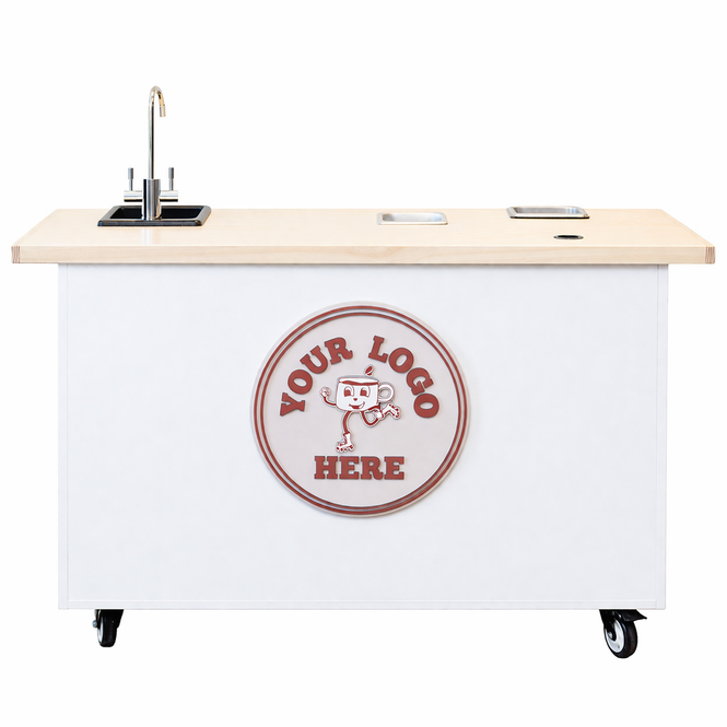 The Kickstart Coffee Cart (White, front view, with signage, no folding shelves)