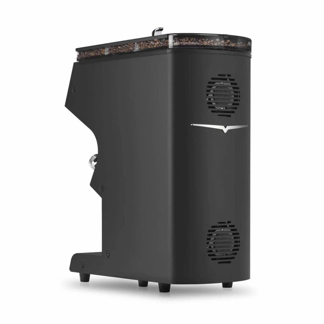Victoria Arduino Mythos MYG85 Grind-by-Weight espresso grinder, black, rear three-quarter angle