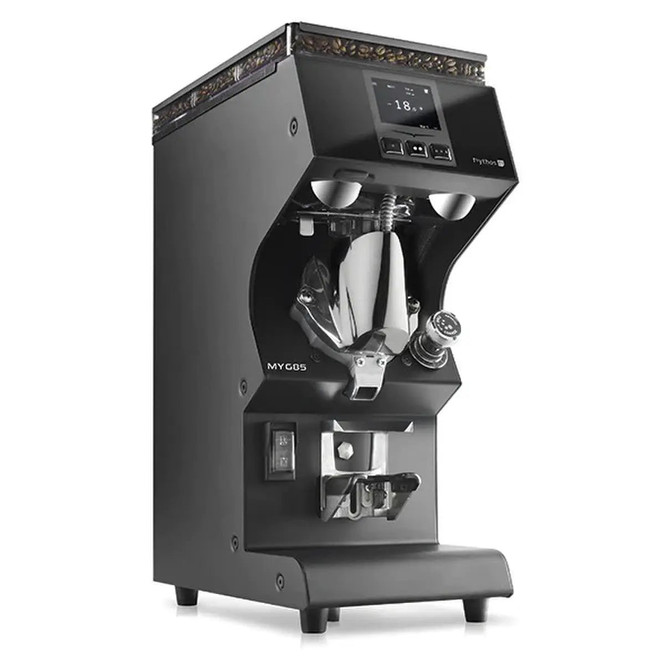 Victoria Arduino Mythos MYG85 Grind-by-Weight espresso grinder, black, front three-quarter angle