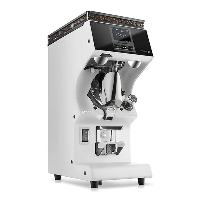 Victoria Arduino Mythos MYG85 Grind-by-Weight espresso grinder, white, front three-quarter angle