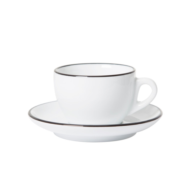 White cappuccino cup and saucer with black painted rim