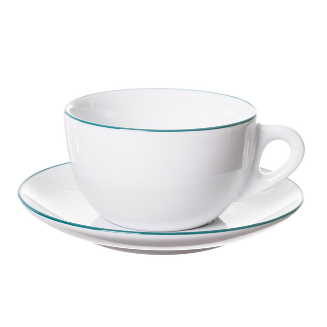 teal latte cup version of painted rim cup and saucer series