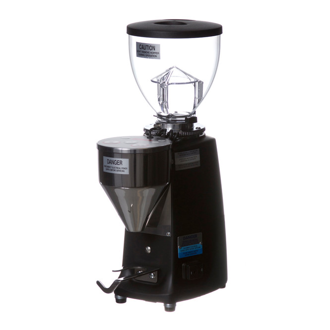 Mazzer Mni E grinder in black, angle view of grinder