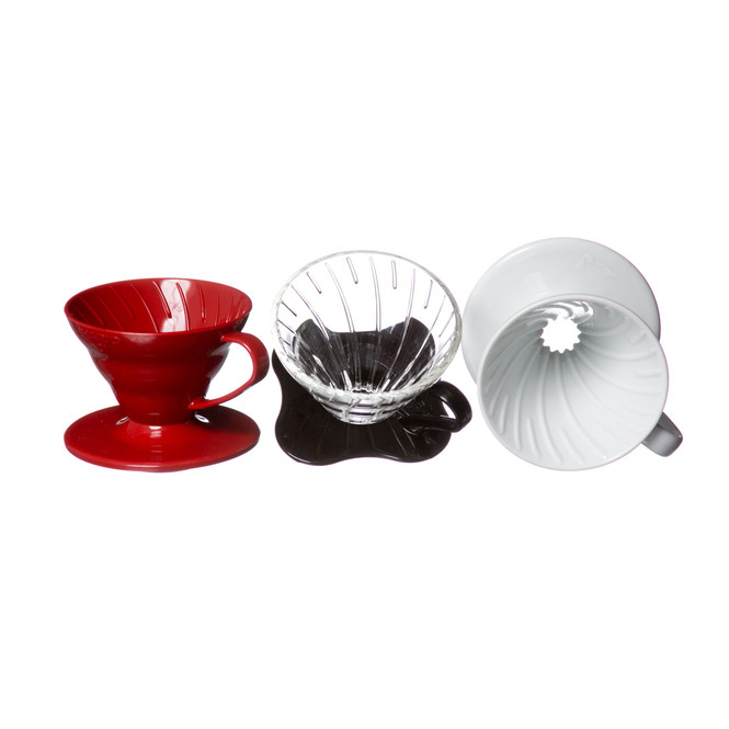 Hario V60 01 Drippers in glass, ceramic, and plastic